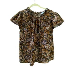 Cotton Black Floral Printed Top Ruffle Collar Puff Sleeves, Women's Size Medium